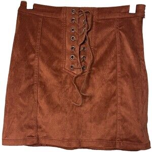 Forever 21 Skirt Mini Faux Suede Lace Up Tie Front Short Brown‎ Cowgirl 24 XS